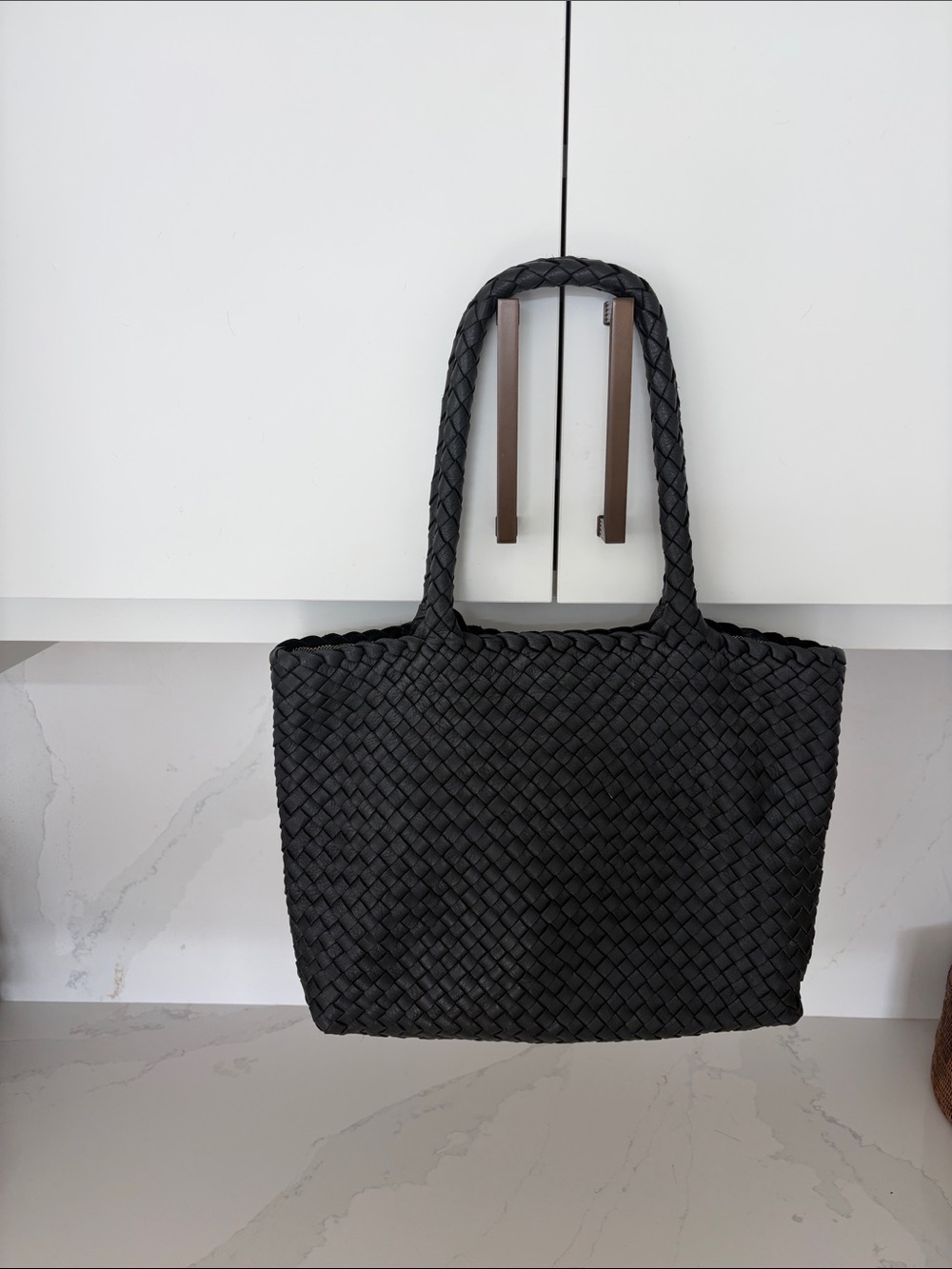 Textured Black Woven Tote with Comfortable Handles